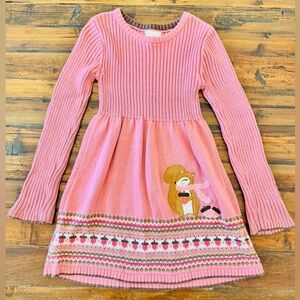 Savannah Pink Knit Dress with Squirrel Motif and Patterned Hem